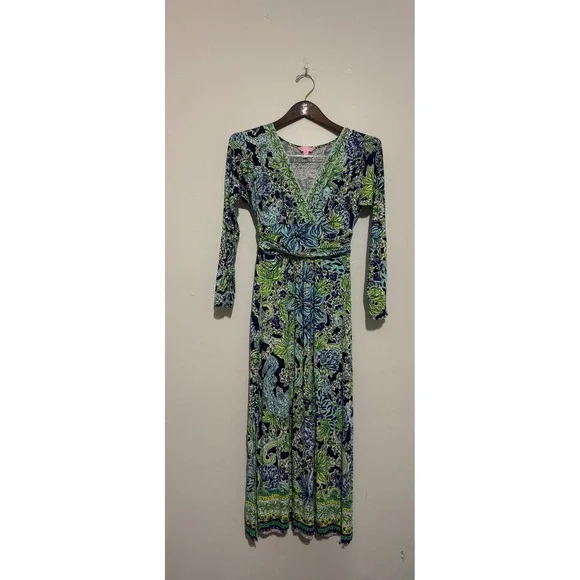 Lilly Pulitzer Riana Maxi Dress Blue Green Tropical Floral V-Neck Long Sleeve XS - Picture 2 of 10
